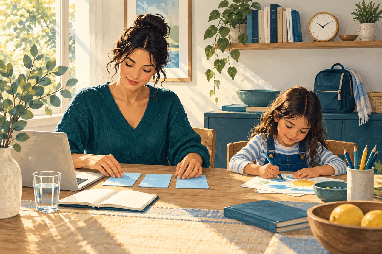 Illustration of a parent planning manageable priorities while a child creates beside her