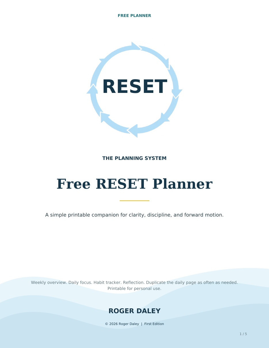 Actual cover of the five-page Free RESET Planner, showing the approved light-blue RESET circular arrows
